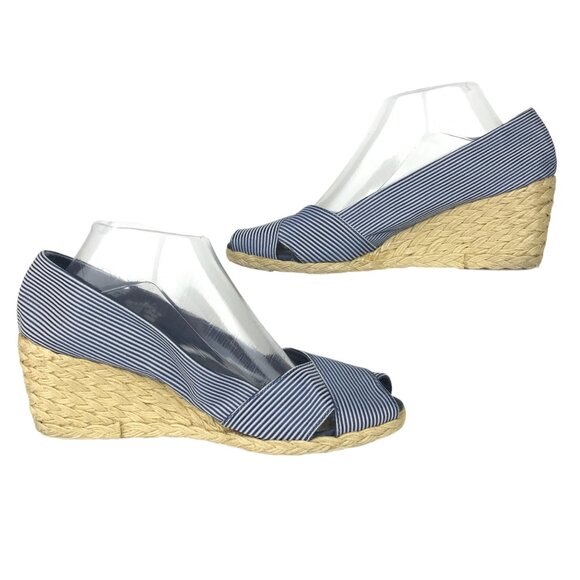 Lauren Ralph Lauren 9 Cecilia Espadrille Wedge Heel Peep Toe Blue White Striped - Picture 3 of 9